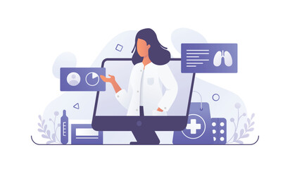 Wall Mural - Online meeting with female doctor, treatment prescription and advice. Cartoon character providing modern healthcare service via Internet. Process of giving online consultations to patients. Vector