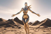 Crome Robot Woman Posing With Spread Arms. Artificial Intelligence Rise And Shiny. Mechanical Beauty. Generated AI.