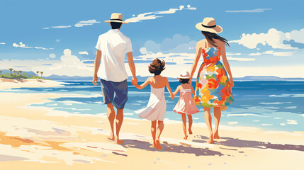 Beautiful family on vacation at beach style like painting