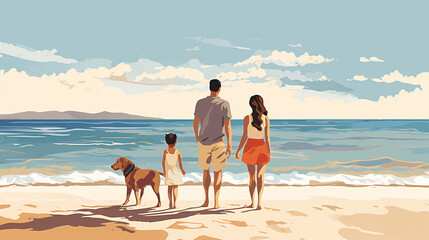 Beautiful family on vacation at beach style like painting