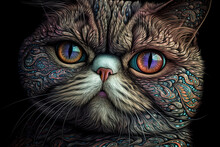 Grumpy Facial Expression Exotic Tortoiseshell Cat Portrait Close-up.AI Generated