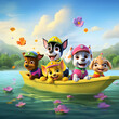 paw patrol, picking lotus, five dogs, play together