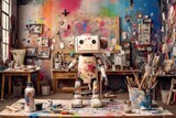 Fototapeta  - Cute artist robot painting on a canvas