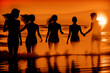 © Maxim Chuev - back, rear view of black Silhouettes of young group of people. girls holding hands.  boy standing on sunset sea coast.  walking in ocean beach at sunset. female team, group of teenagers. Generative ai