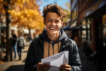 Portrait of cheerful young man holding university acceptance letter or loan approval Express Pride, Excitement, and Gratitude