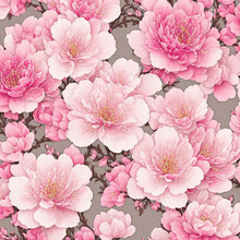 Floral Cherry Blossom Illustration Background With Pink Sakura Blossoms And Yellow Stamens