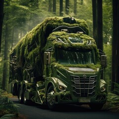 Wall Mural - Truck. Ecological concept. Truck made of green vegetation in the forest