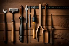 Collection Of Vintage Tools, Hammer, Chisel, Screwdriver, Grippers,, Wooden Ruler And Rusty Nails, Isolated Over A Transparent Background, 