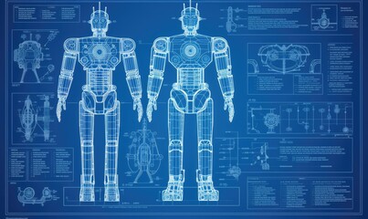 Technical drawing of a robot displays its intricate mechanical structure and components. Creating using generative AI tools