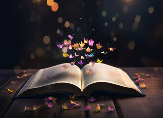 Fantasy, magic and growth with book and plant for fairytale, imagination and education. Ai generated, inspiration and night with literature closeup and flowers for magical, learning and development