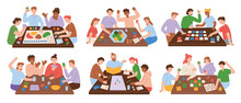 People Playing Board Games. Tabletop Game At Home. Hand Drawn Set Of Compositions. Family, Friends Spending Time Together. Collection Of Cartoon Characters At Table. Vector Illustrations Of Boardgames