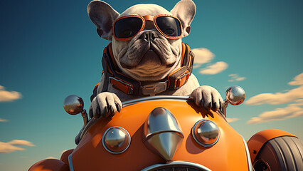 Bulldog wearing racing helmet with race glasses drives in vintage orange pedal car.