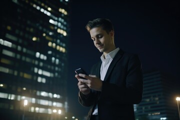 Wide angle shot of a young caucasian businessman executive using mobile phone with background of modern office buildings at night. Generative AI AIG18.