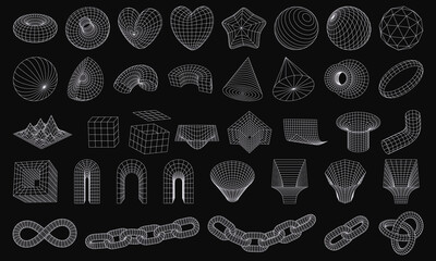 Set of wireframe 3D geometric shapes. Wire frame abstract figures. Distorted mesh grids. Chain, cone, Infinity Symbol, arc, star, sphere, knot. Isolated Graphic design elements
