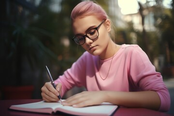 Wall Mural - Portrait of a beautiful girl in glasses writing in a notebook. Generative AI