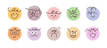 Cute People Facial Expression Icons. A Collection Of Simple Face Stickers Drawn With Pencil Lines In A Circle.