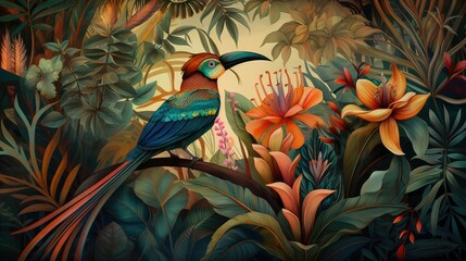  Tropical wallpaper background with plants and birds