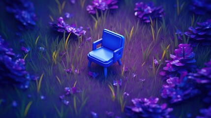 Wall Mural - a chair in the color blue, positioned inside a field of flowers in the color purple