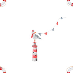 Cute watercolor background with lighthouse and seagulls and lifebuoy and flags. Childish seamless pattern.Watercolor nautical illustration on white background of nautical symbols, summer nautical