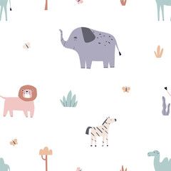 Wall Mural - Scandinavian animals pattern. Seamless endless childish background with cute elephant, lion, zebra in Scandi style. Repeating print, kids design. Colored flat vector illustration for baby textile