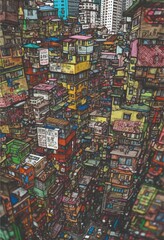 Wall Mural - AI generated illustration of A vibrant illustration of a city block building