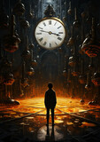 Fototapeta Morze - Time flies, a man from behind is standing in a large clock room, time stands still in a dark warm toned cave. Fantasy illustration, generative ai