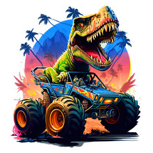 T-Rex Dinosaur Wearing Sunglasses Riding A Monster Truck Jumping Clipart Isolated On Transparency Background.