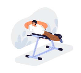 Wall Mural - Man doing back extension on hyperextension bench in gym. Happy person training power, strength, exercising on Roman chair, workout machine. Flat vector illustration isolated on white background