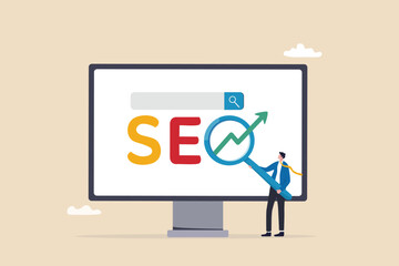 Wall Mural - SEO Search Engine Optimization, website search result, advertising or marketing to boost web ranking or user discovery concept, businessman hold magnifying glass on SEO rising arrow search box.