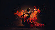 Flamenco Dance Fiery Passion. A Stunning Spanish Woman Gracefully Dances Flamenco, With Burning Flames In The Background. Expression Of Passion And Artistry Concept. AI Generative
