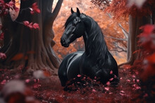 A Majestic Legendary Glowing Unicorn In A Magical Forest. Realistic Unicorn, Dream Flowers, Generative AI