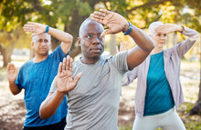 Fitness, Tai Chi And Senior People In Park For Healthy Body, Wellness And Active Workout Outdoors. Yoga, Sports And Men And Women Stretching In Nature For Exercise, Training And Pilates In Retirement
