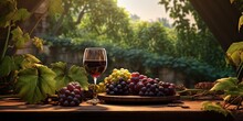 Red Wine Bottle On Wooden Table: Vintage Alcoholic Drink For Celebration And Collection Blur Background. Generative AI Illustrations