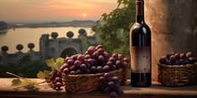 Red Wine Bottle On Wooden Table: Vintage Alcoholic Drink For Celebration And Collection Blur Background. Generative AI Illustrations