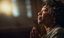 Prayer, Christian And Worship With Black Woman In Church For God, Holy Spirit And Spirituality. Praying, Ai Generated And Connection With Person And Traditions For Faith, Mindfulness And Christianity