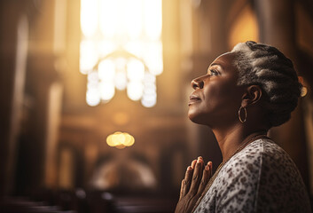 Wall Mural - Prayer, christian and god with black woman in church for worship, holy spirit and spirituality. Praying, ai generated and connection with person and traditions for faith, mindfulness and Christianity