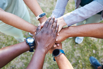 Canvas Print - Hands stack, fitness friends and park for training, wellness and health with teamwork, diversity and support. People, solidarity and group for exercise, workout goal or outdoor with synergy in nature