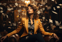 Prosperous Businesswoman. Throwing Dollars Money While Seated On Dark Teal And Gold Sofa. AI Generative