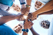 © Wesley JvR/peopleimages.com - Holding hands, fitness and group of people in teamwork, collaboration and community, healthcare love and support. Portrait, workout and diversity friends, together sign or hope for wellness below