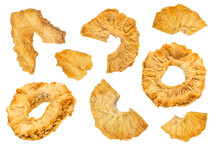 Dried Pineapple Slices On A White Isolated Background. Dried Pineapples Of Different Sizes, The Concept Of Drying Fruits At Home. For Inserting Into A Design, Project Or For Packaging Labels.