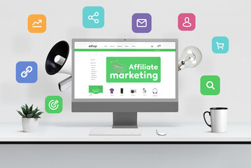 Wall Mural - Computer display surrounded by megaphone, bulb and affiliate marketing icons concept. Modern ecommerce web page on computer display