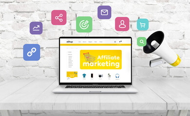 Wall Mural - Ecommerce website offers affiliate marketing on laptop computer. Website design concept. Megaphone beside that throws out affiliate icons