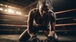 AI generated female boxer kneeling on ground in boxing ring