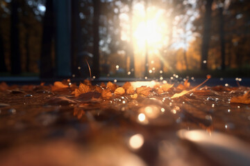 Wall Mural - Beautiful autumn background of landscape with yellow leaves and sun. Falling leaves natural background. Generative AI technology