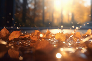 Wall Mural - Beautiful autumn background of landscape with yellow leaves and sun. Falling leaves natural background. Generative AI technology