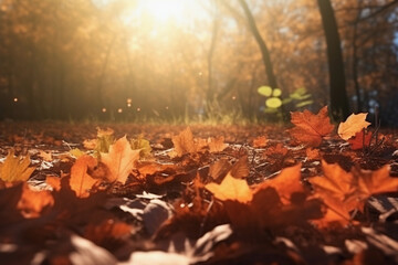 Wall Mural - Beautiful autumn background of landscape with yellow leaves and sun. Falling leaves natural background. Generative AI technology