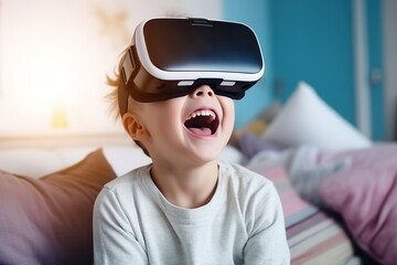 Kid interact using virtual reality headset to interact with the imaginary world. Caucasian boy child sitting on bed at home wearing VR glasses playing video games.  Generative AI