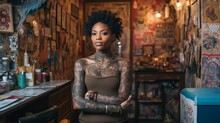 AI Generated Illustration Of A Young Black Woman Covered In Tattoos Standing In A Tattoo Parlor