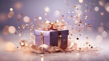 Gift Boxes With Golden Confetti. Abstract Luxury Purple Background. Copy Space. Generative AI.