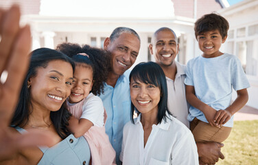 Sticker - Big family, portrait and selfie smile outdoor, bonding and together in home backyard. Face, grandparents and mother, father and children taking profile picture for social media, happy memory and love